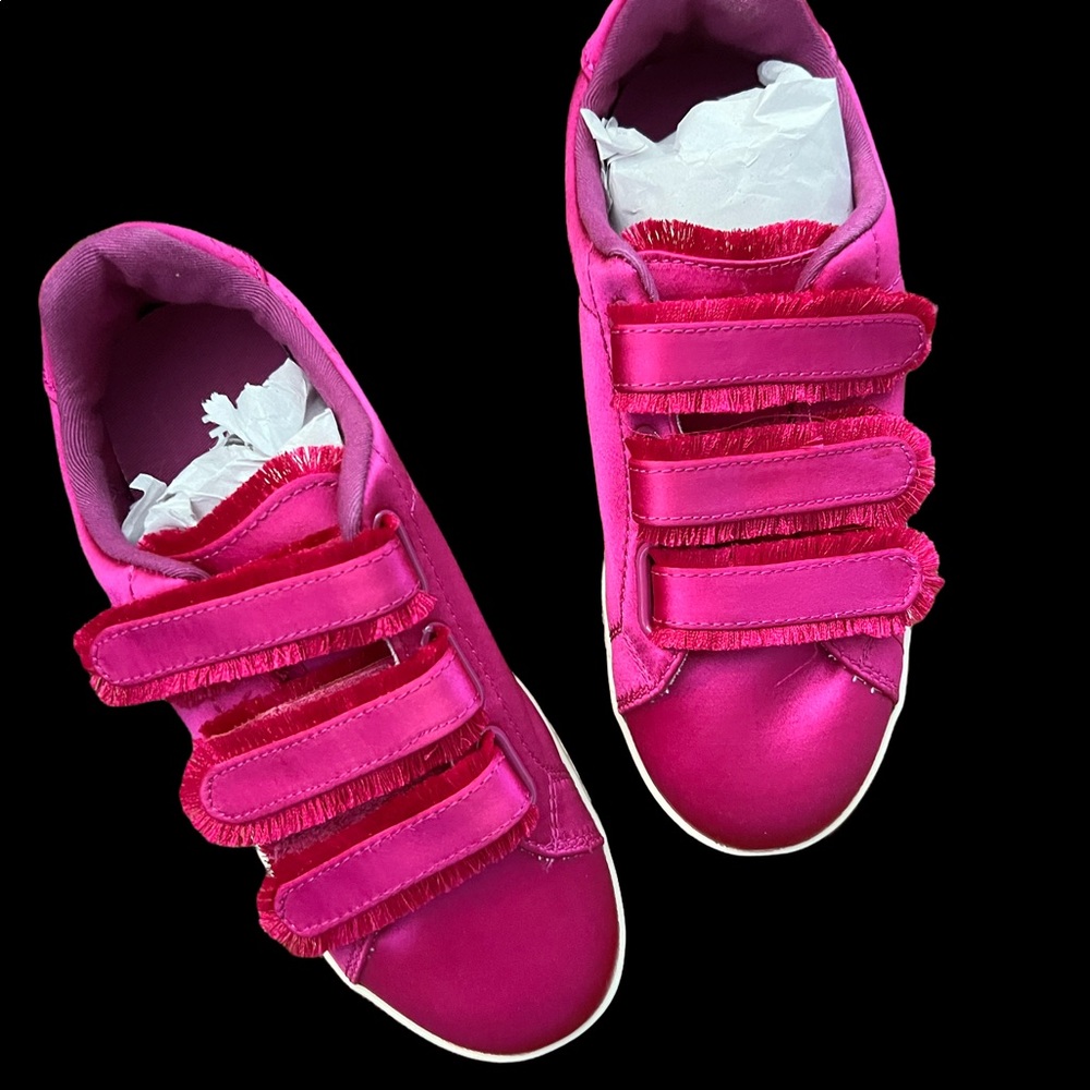Tretorn sneakers. Fustian pink satin with fringe. Three Velcro close.